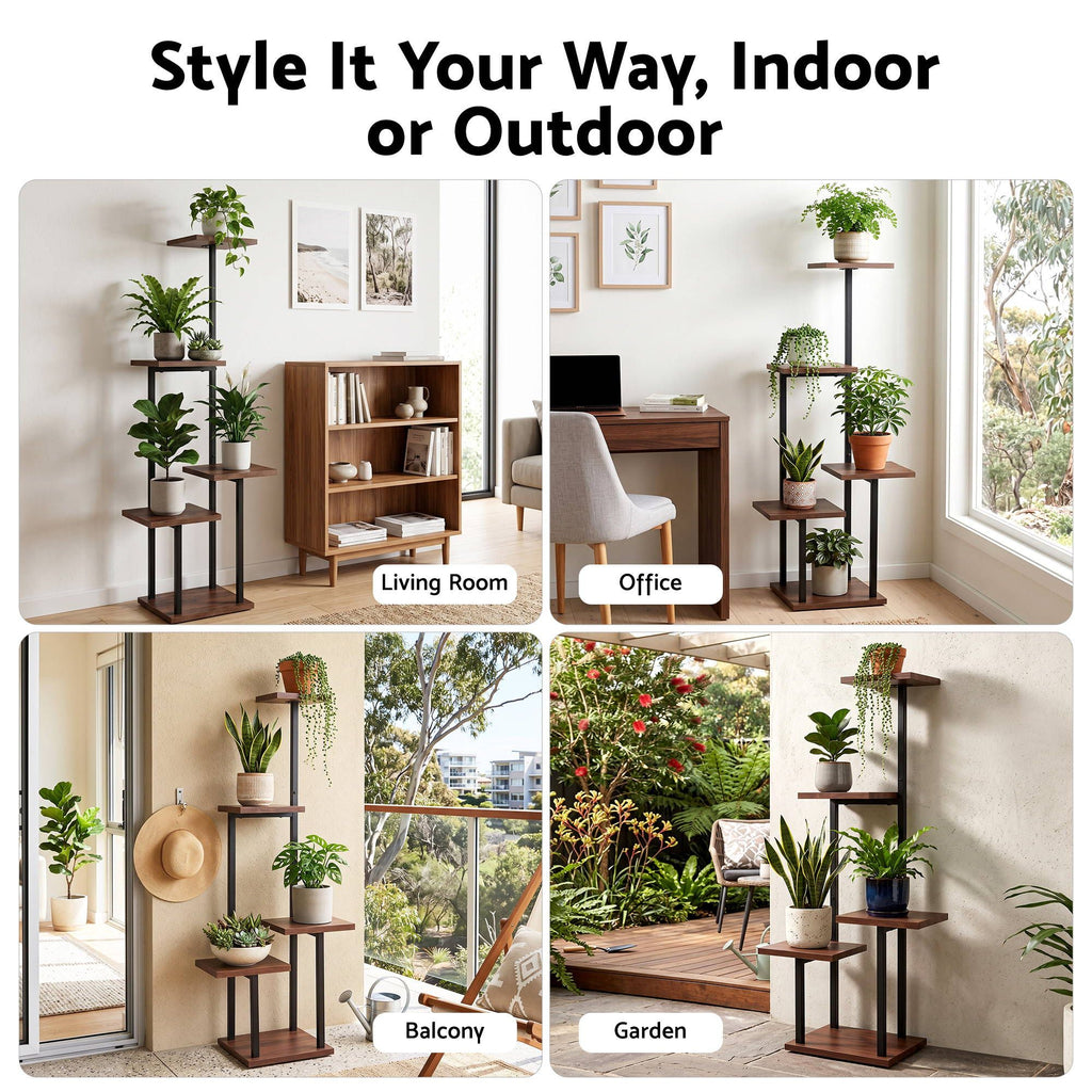 5-Tier Plant Stand Indoor Outdoor, Metal & Wood Pot Plant Shelf, Tall Display Rack for