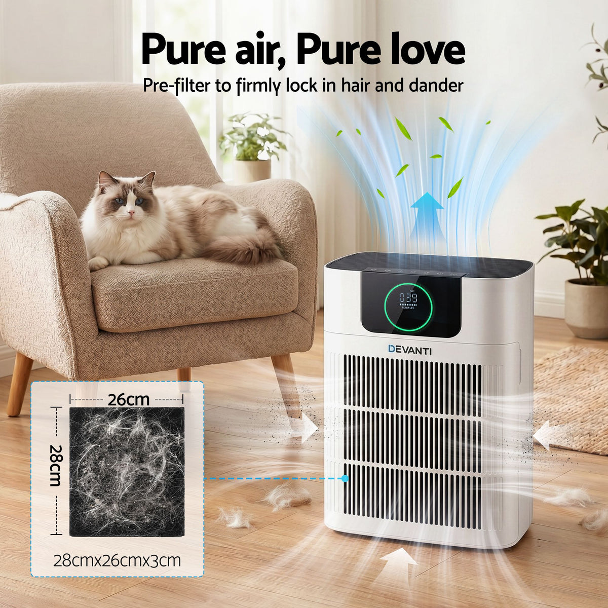 Pet Air Purifier 3 Stage HEPA Filter Cleaner PM25 Display Cat Dog Hair White