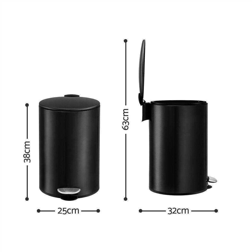 12L Pedal Bin Rubbish Waste Bin Soft Close Lid Kitchen Bathroom Black