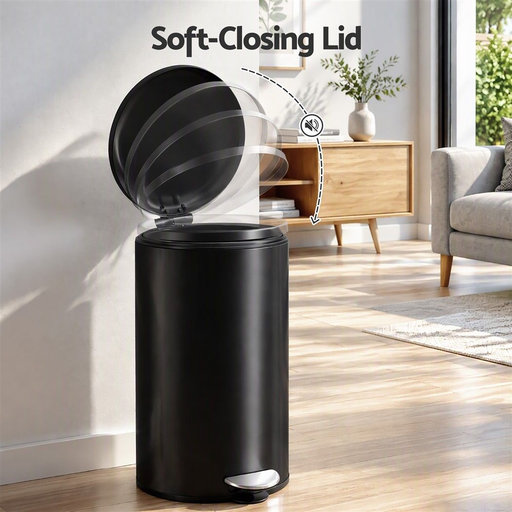 12L Pedal Bin Rubbish Waste Bin Soft Close Lid Kitchen Bathroom Black
