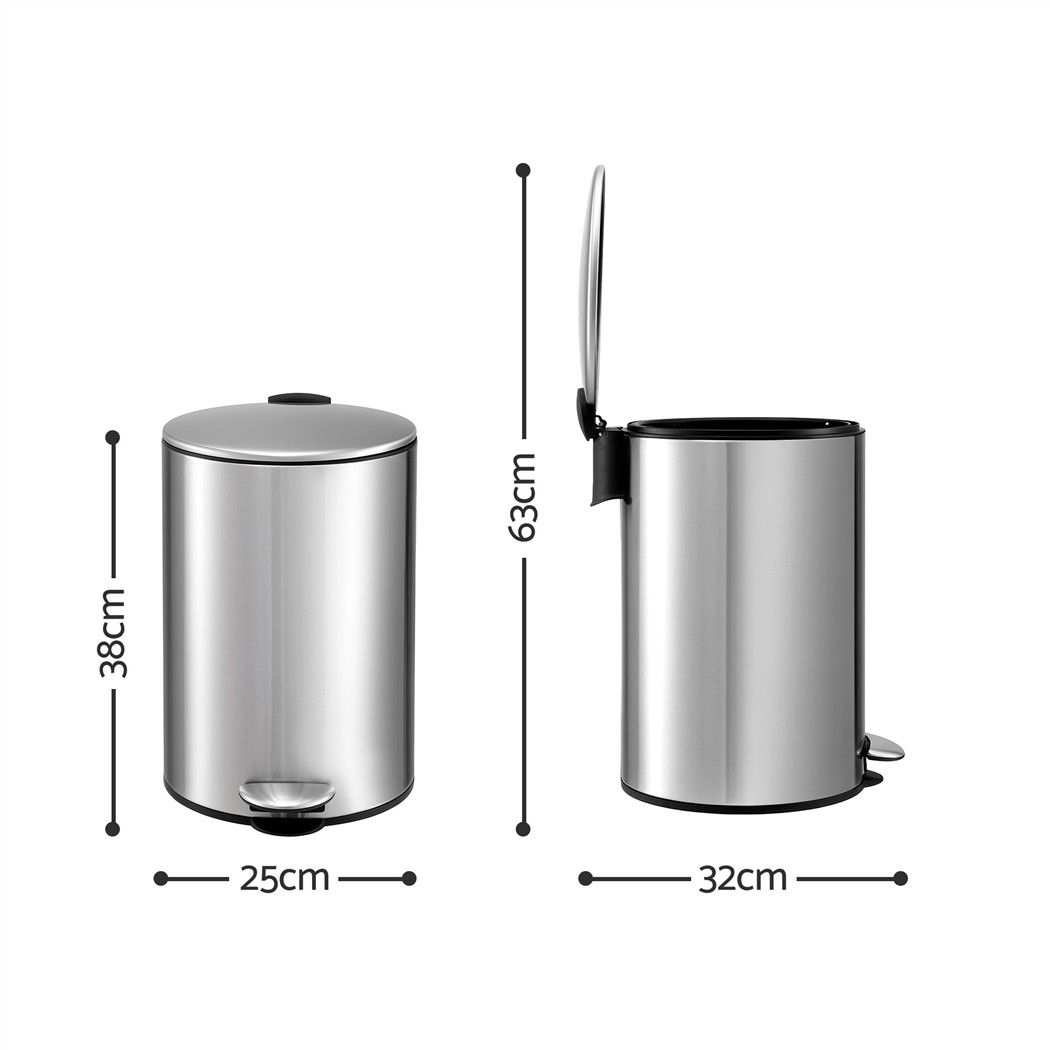 12L Pedal Bin Rubbish Waste Bin Soft Close Lid Kitchen Bathroom Silver