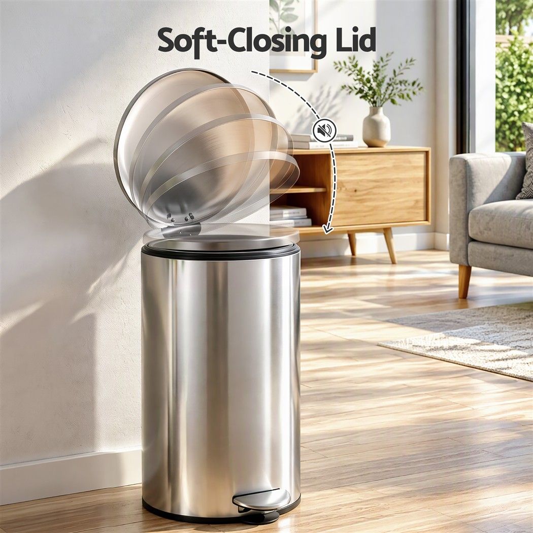 12L Pedal Bin Rubbish Waste Bin Soft Close Lid Kitchen Bathroom Silver