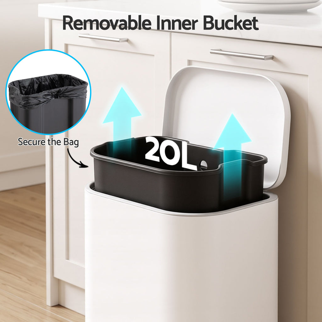 20L Trash Bin Steel Pedal Bins Soft Close Kitchen Rubbish Waste Can White