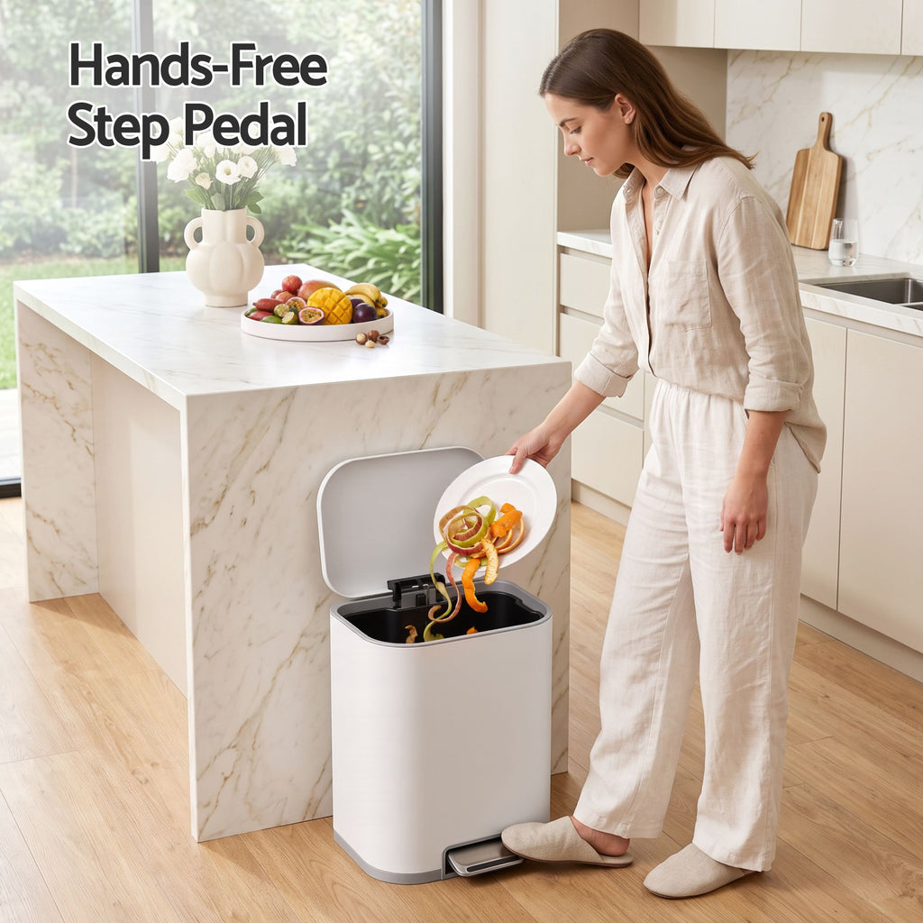 20L Trash Bin Steel Pedal Bins Soft Close Kitchen Rubbish Waste Can White