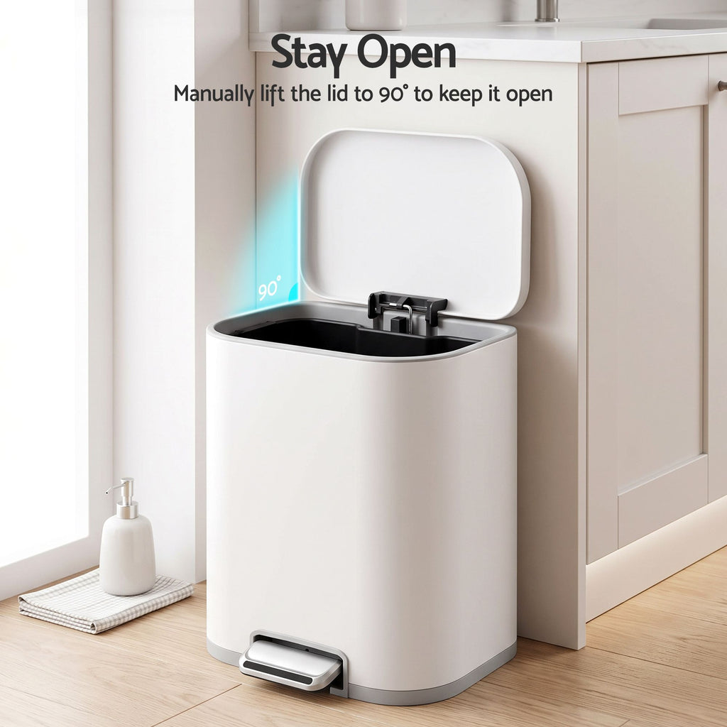 20L Trash Bin Steel Pedal Bins Soft Close Kitchen Rubbish Waste Can White