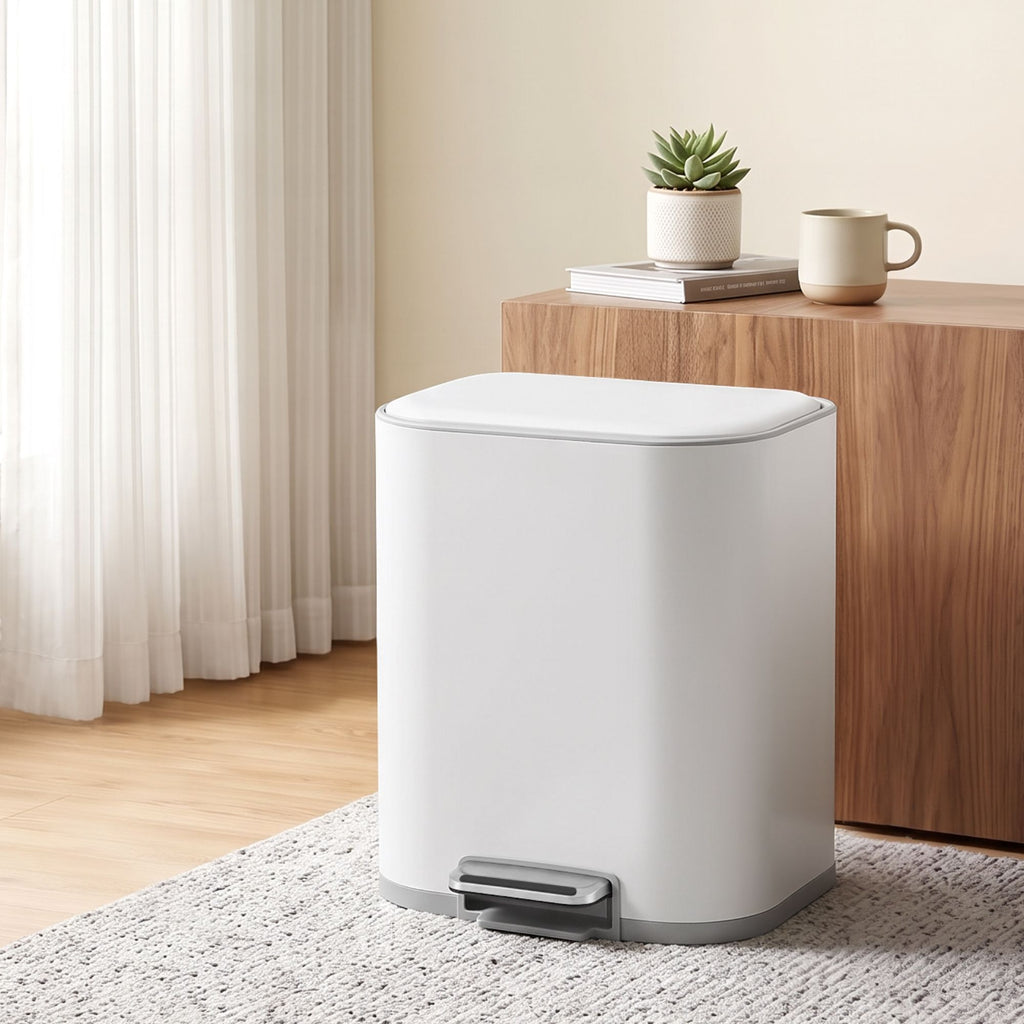 20L Trash Bin Steel Pedal Bins Soft Close Kitchen Rubbish Waste Can White