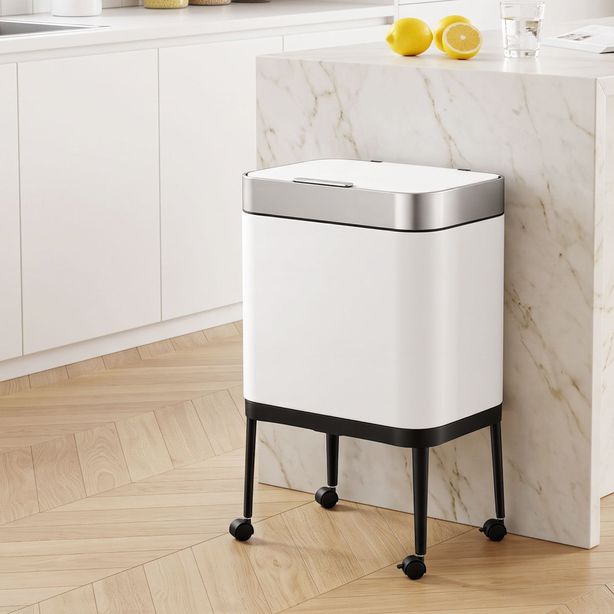 40L Press Top Trash Can Kitchen Rubbish Bin Moblie Stainless Steel White