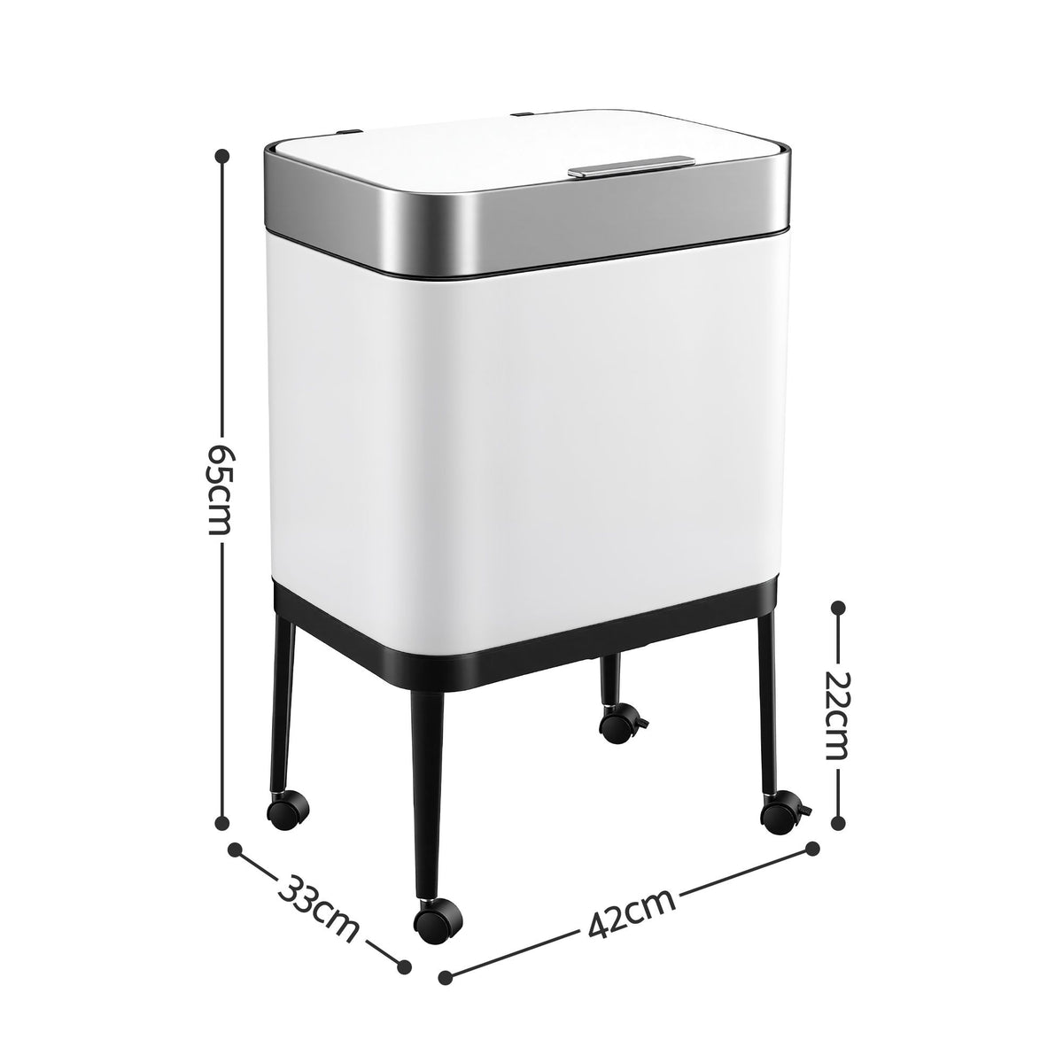 40L Press Top Trash Can Kitchen Rubbish Bin Moblie Stainless Steel White