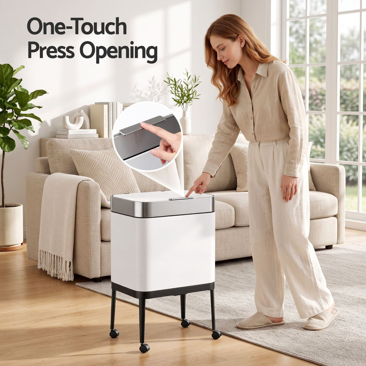 40L Press Top Trash Can Kitchen Rubbish Bin Moblie Stainless Steel White