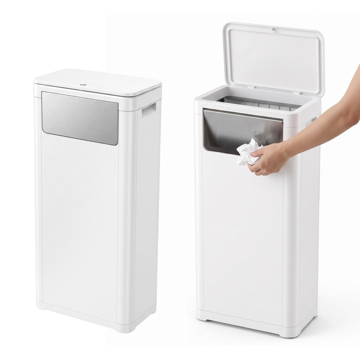 30L Commercial Trash Can with Lid Front Push Flap Rubbish Bin White