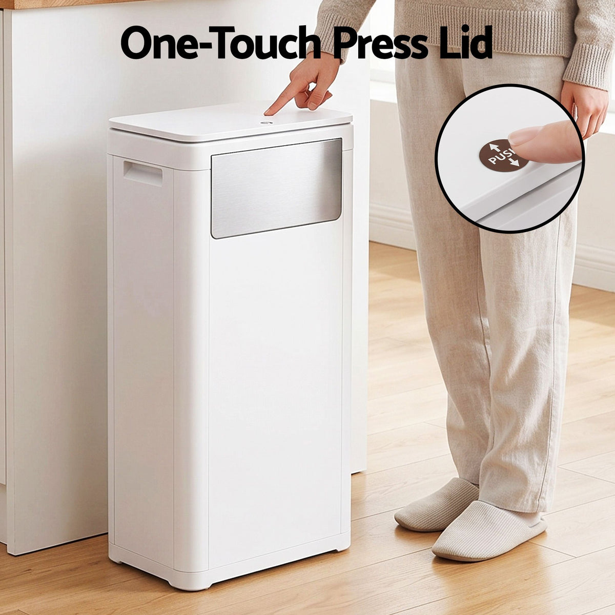 30L Commercial Trash Can with Lid Front Push Flap Rubbish Bin White