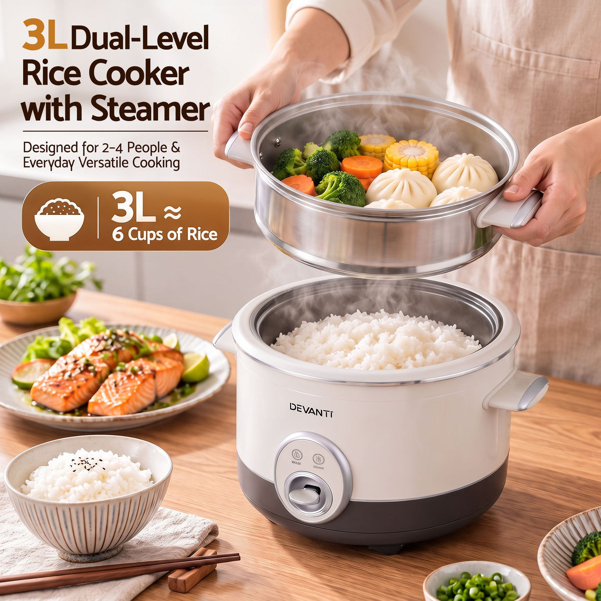 3L Rice Cooker Small 6 Cup Multi Cooker with Steamer