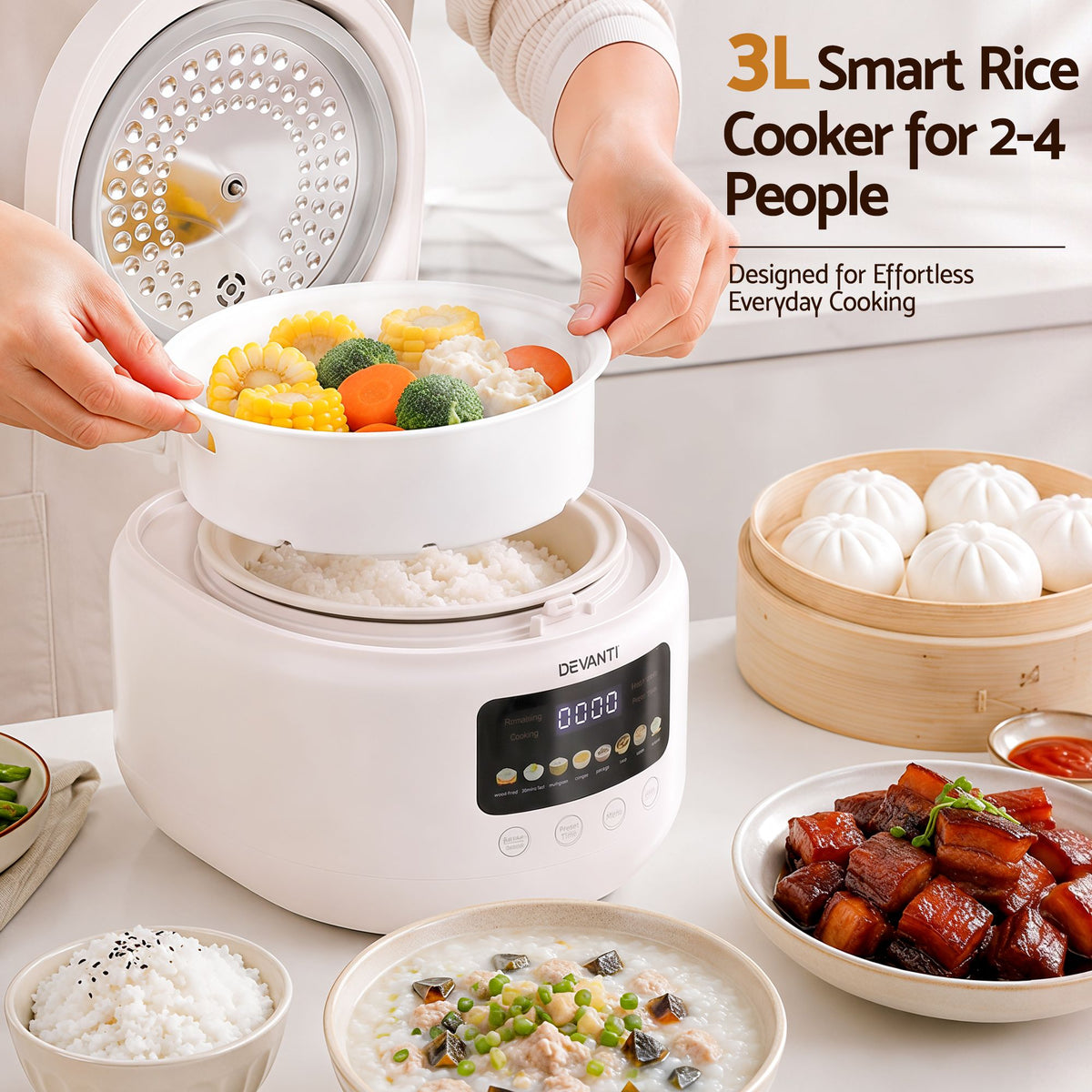 3L Rice Cooker Small 6 Cup 8-in-1 Multi Cooker with 24H Preset Off-White