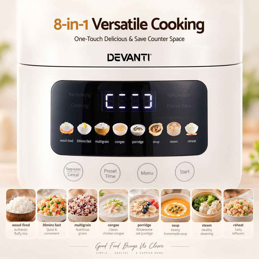3L Rice Cooker Small 6 Cup 8-in-1 Multi Cooker with 24H Preset Off-White