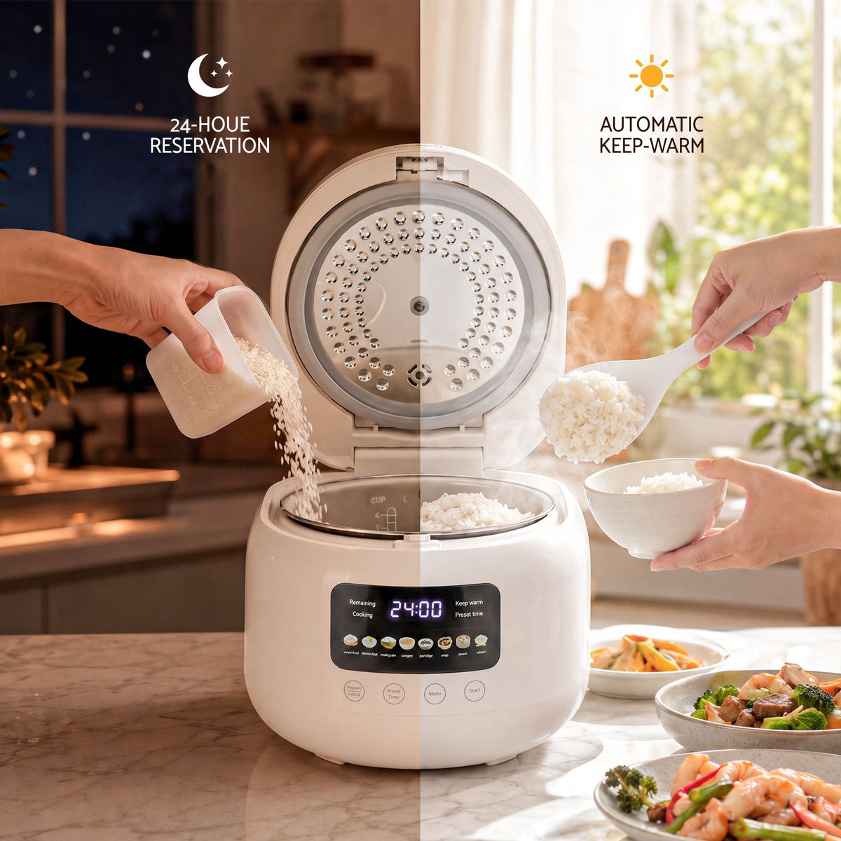 3L Rice Cooker Small 6 Cup 8-in-1 Multi Cooker with 24H Preset Off-White