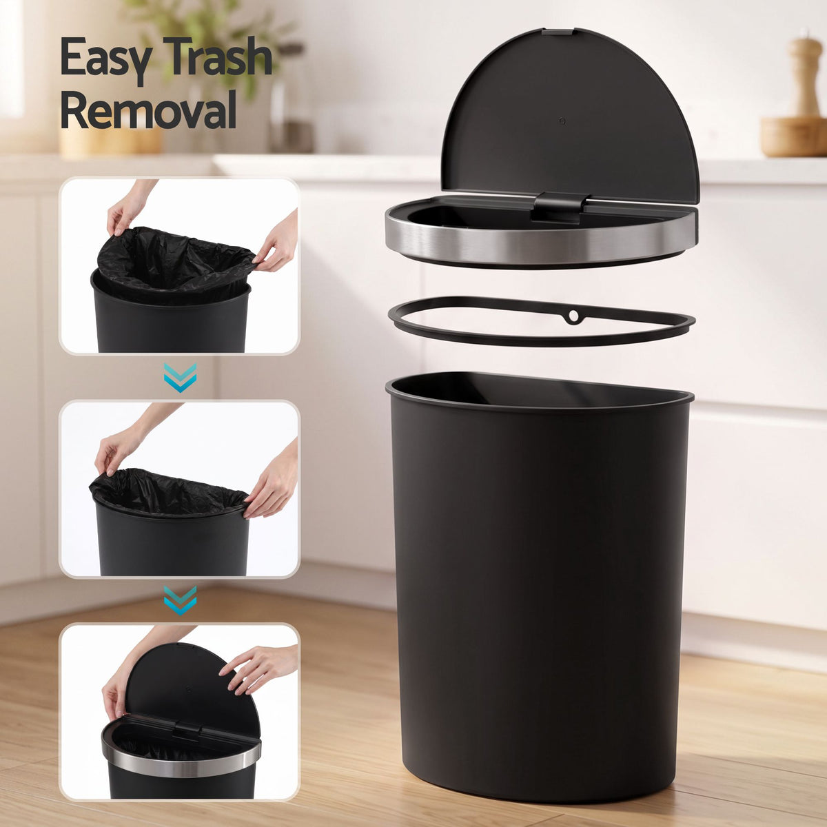 50L Sensor Bin D-Shape Trash Can Kitchen Smart Rubbish Bin Black