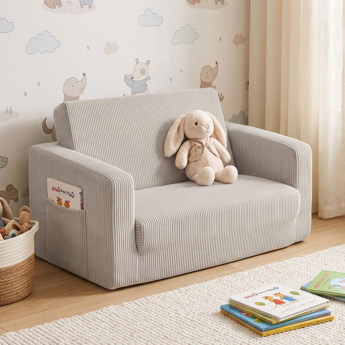 2-in-1 Kids Sofa Toddler Foam Couch with Side Pocket Light Grey