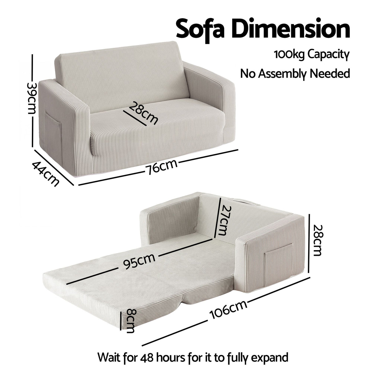 2-in-1 Kids Sofa Toddler Foam Couch with Side Pocket Light Grey
