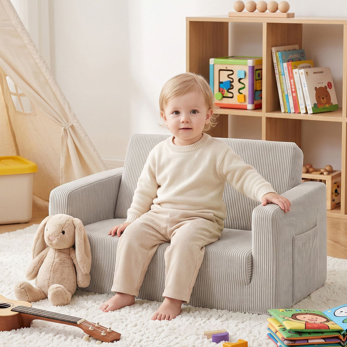 2-in-1 Kids Sofa Toddler Foam Couch with Side Pocket Light Grey