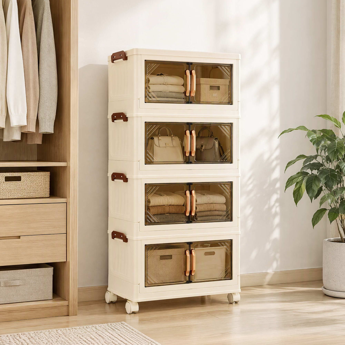 4-Tier Foldable Storage Cabinet Stackable Box Clear Magnetic Door White