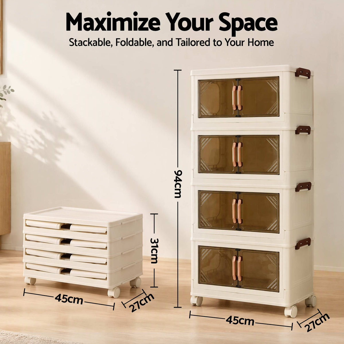 4-Tier Foldable Storage Cabinet Stackable Box Clear Magnetic Door White
