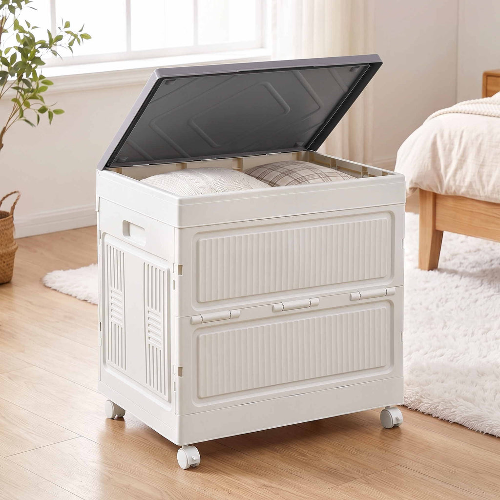 Foldable Storage Cabinet Stackable Box Flip-Top Rolling Organiser White