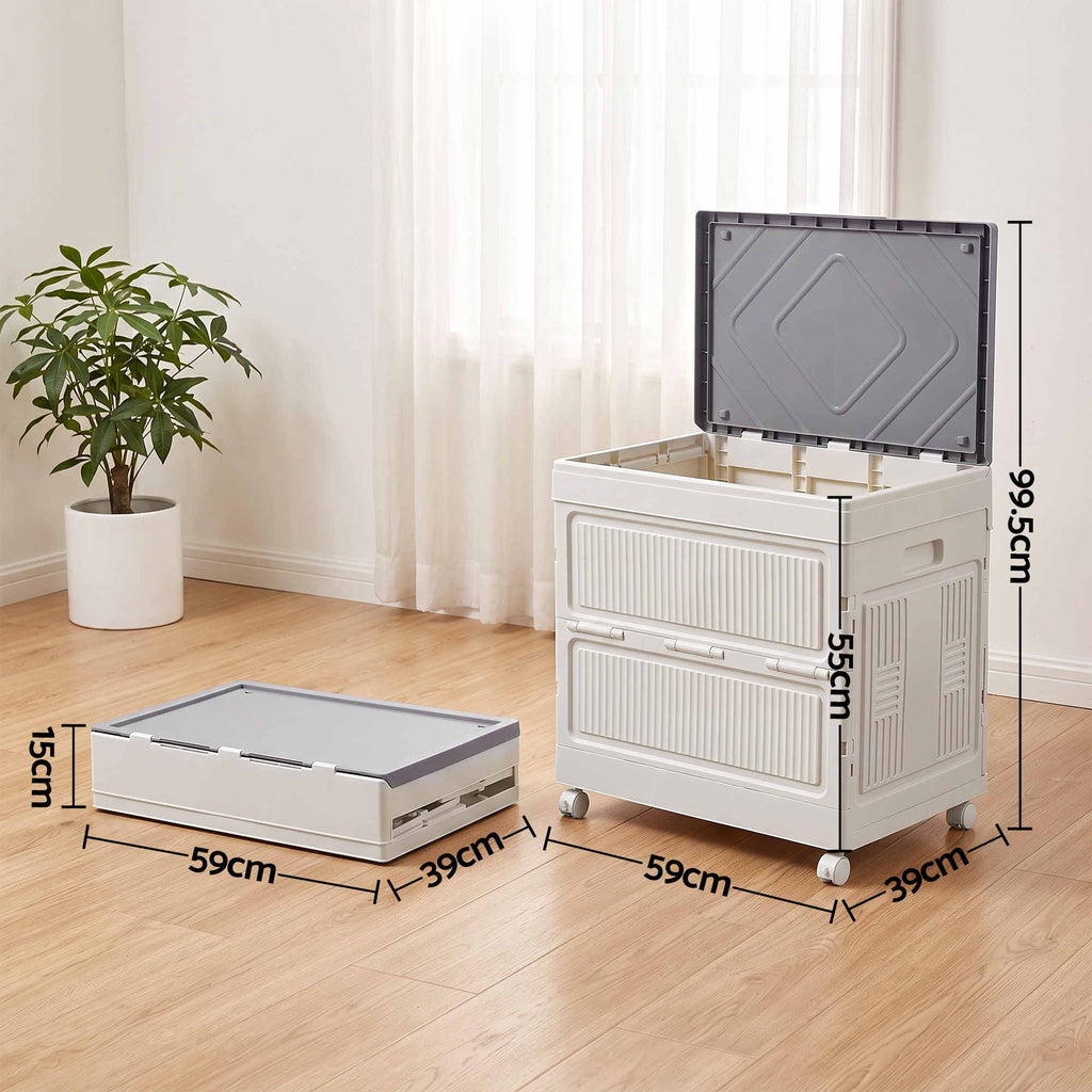 Foldable Storage Cabinet Stackable Box Flip-Top Rolling Organiser White