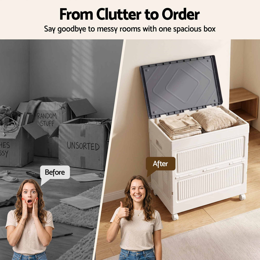 Foldable Storage Cabinet Stackable Box Flip-Top Rolling Organiser White