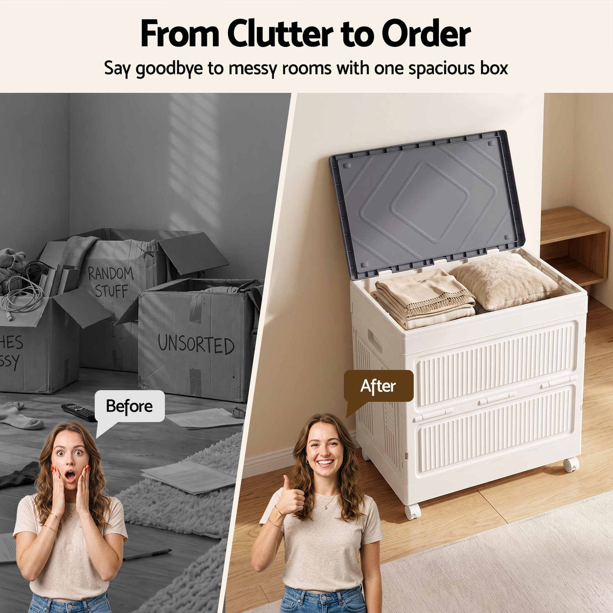 Foldable Storage Cabinet Stackable Box Flip-Top Rolling Organiser White
