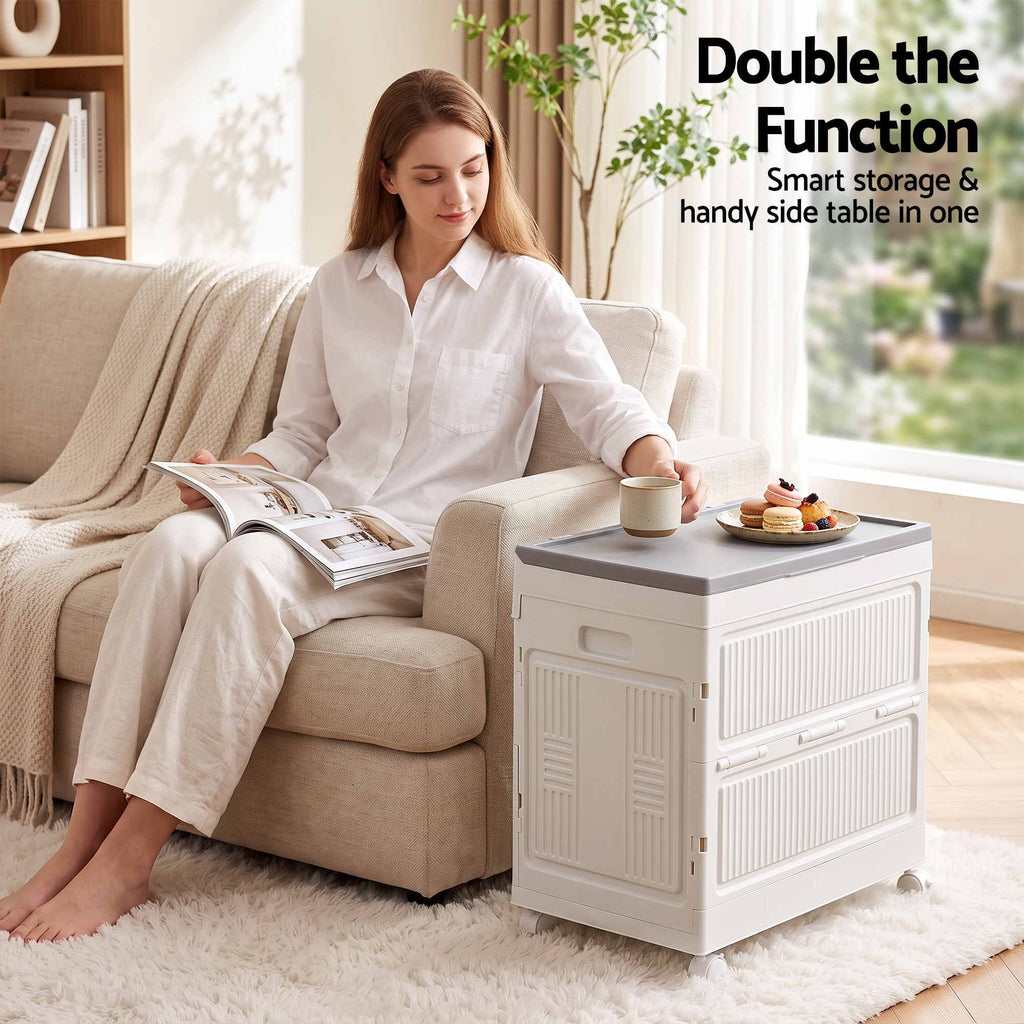 Foldable Storage Cabinet Stackable Box Flip-Top Rolling Organiser White
