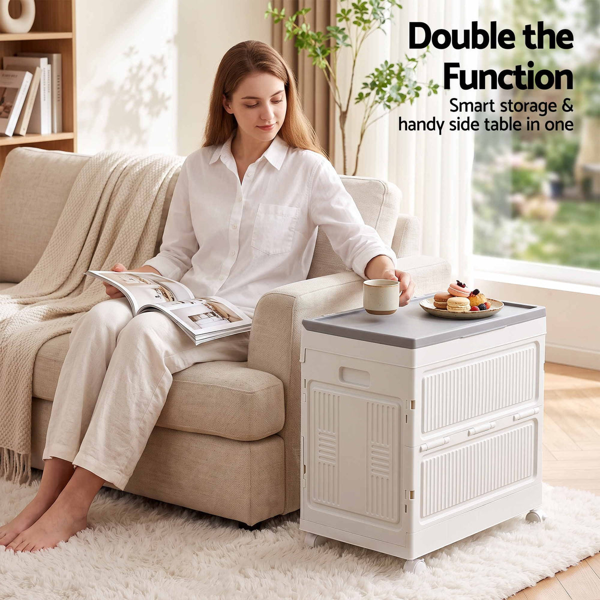 Foldable Storage Cabinet Stackable Box Flip-Top Rolling Organiser White