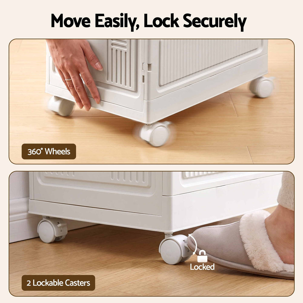 Foldable Storage Cabinet Stackable Box Flip-Top Rolling Organiser White