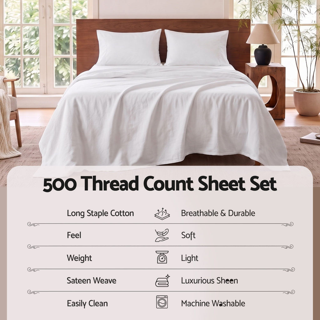 Queen 500TC Cotton 4Pcs Sheet Set with 40cm Extra Deep Pocket for Thick Mattresses Sateen