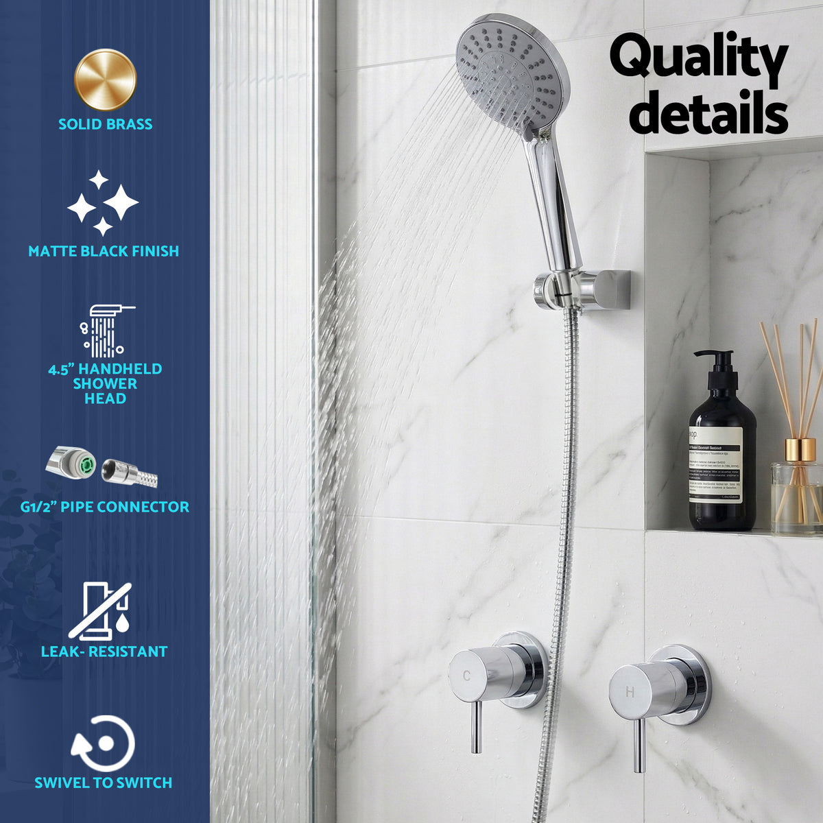4.5" Handheld Shower Head Round with Wall Twin Swivel Bathroom Tap Silver