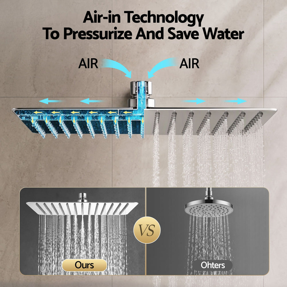 12" Extra Large Rain Shower Head, Air-in Tech for Low Water Pressure, Anti-Clog Silicone