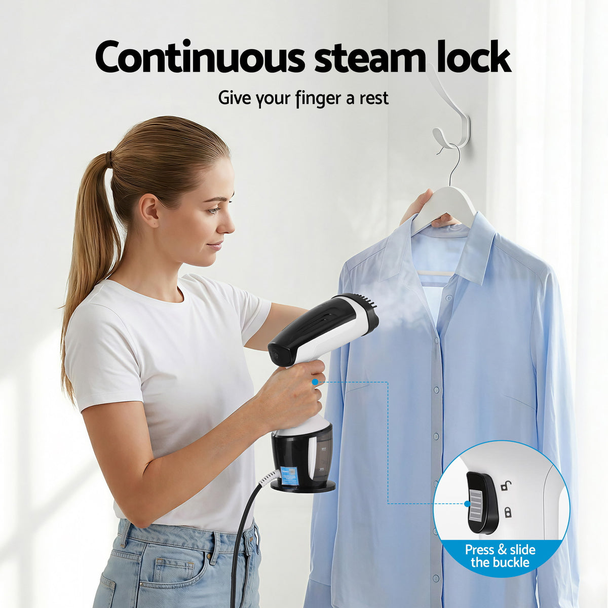 Clothes Steamer, 1500W Powerful Fast 30s Heat-Up Continuous Steam Lock 160ml Tank Fabric