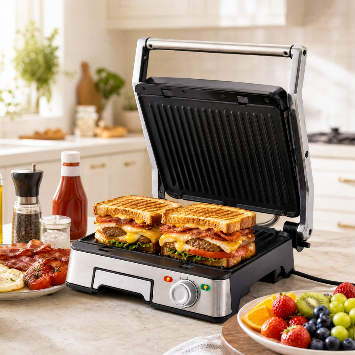 2000W 3-in-1 Panini Press Grill Sandwich Maker 180° Open 4 Slice