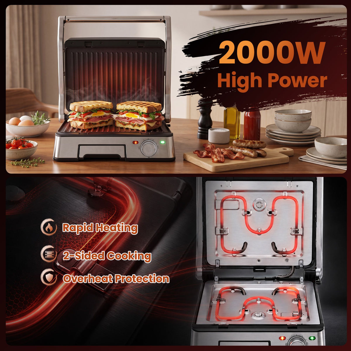 2000W 3-in-1 Panini Press Grill Sandwich Maker 180° Open 4 Slice