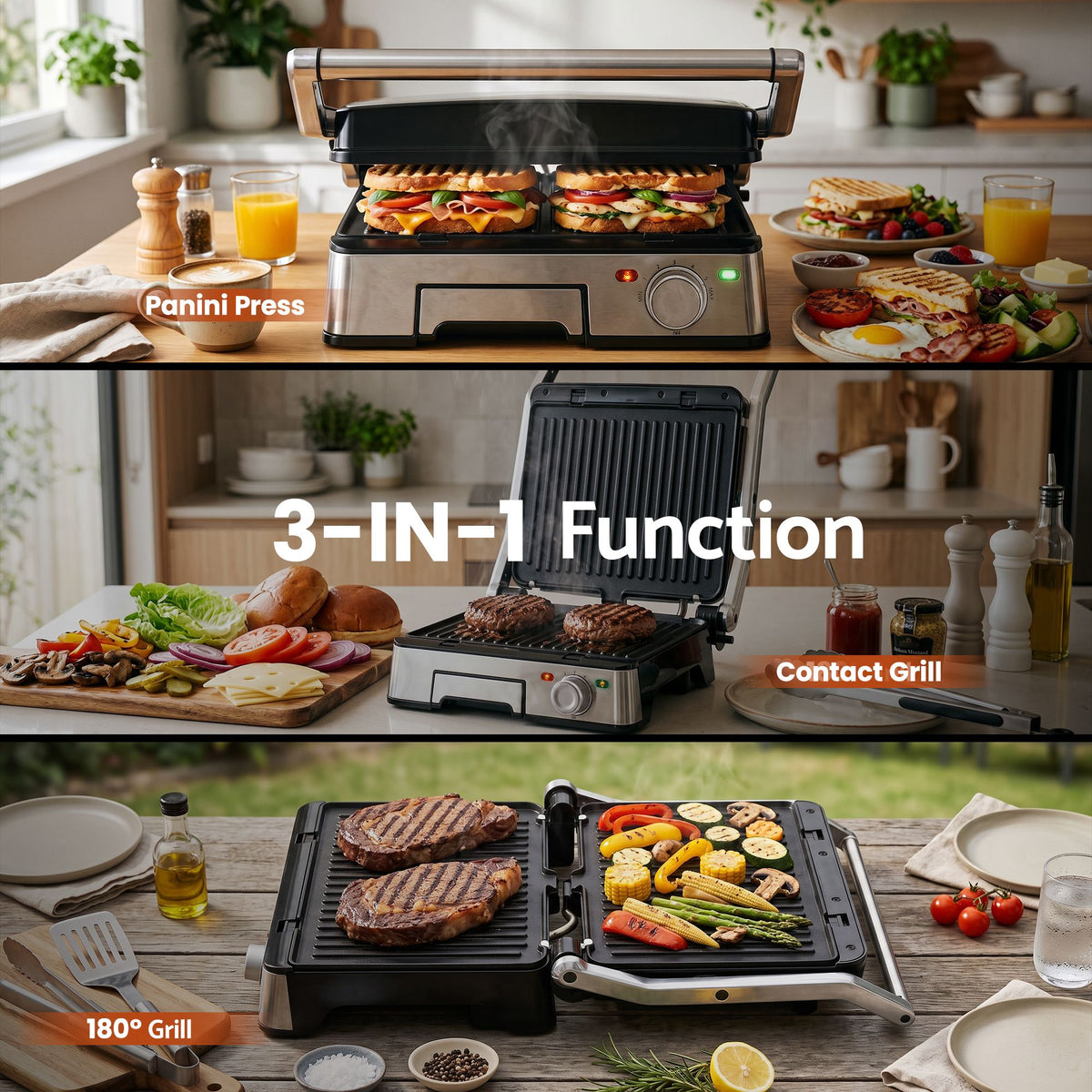 2000W 3-in-1 Panini Press Grill Sandwich Maker 180° Open 4 Slice