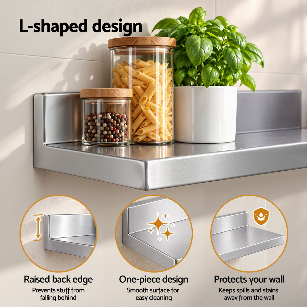 610 x 220mm 430 Stainless Steel L-Shaped Kitchen Wall Shelf
