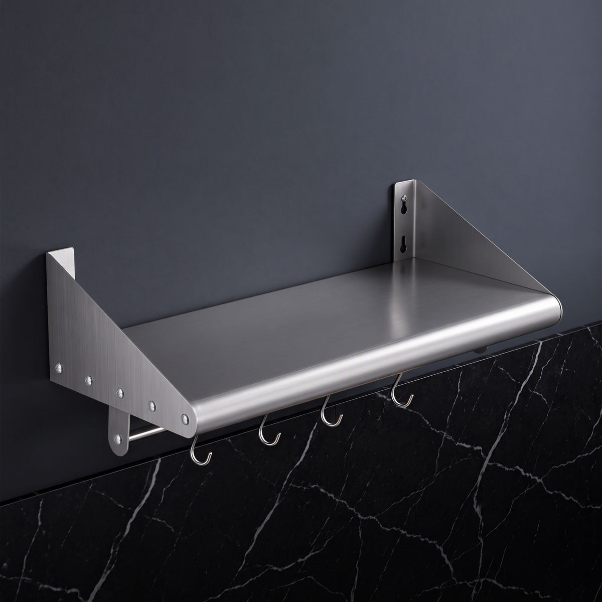 610mm 430 Stainless Steel Wall Shelf with Hooks and Side Guards