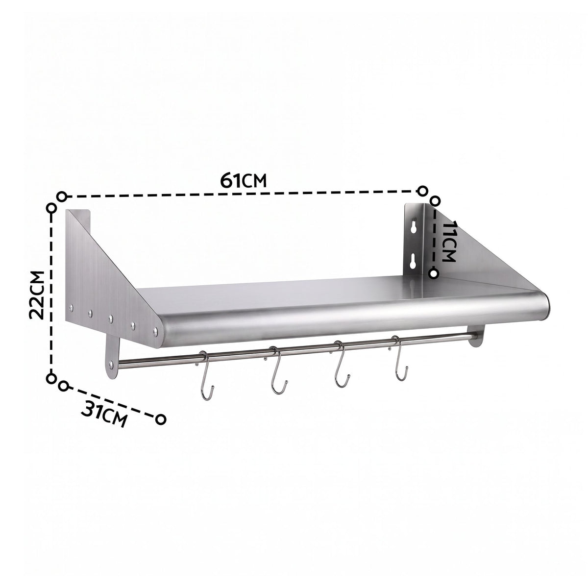 610mm 430 Stainless Steel Wall Shelf with Hooks and Side Guards