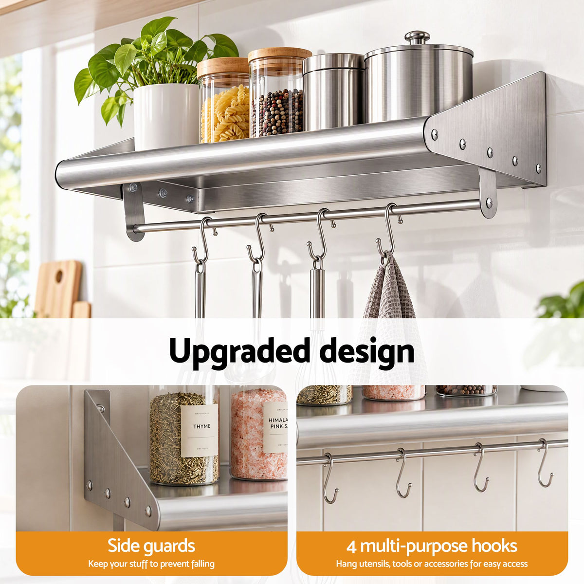 610mm 430 Stainless Steel Wall Shelf with Hooks and Side Guards
