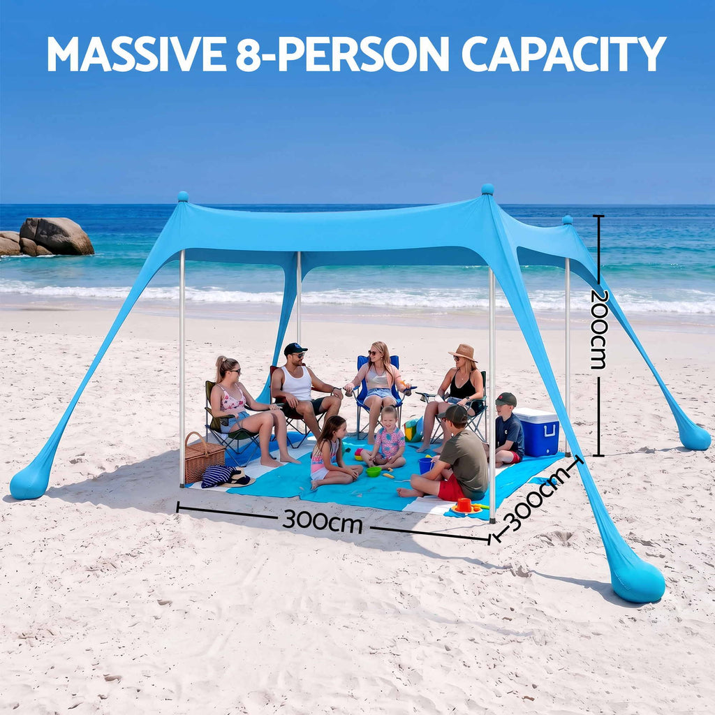 Beach Tent Sun Shelter UPF 50+ Shade 3x3m for 8 Person Outdoor