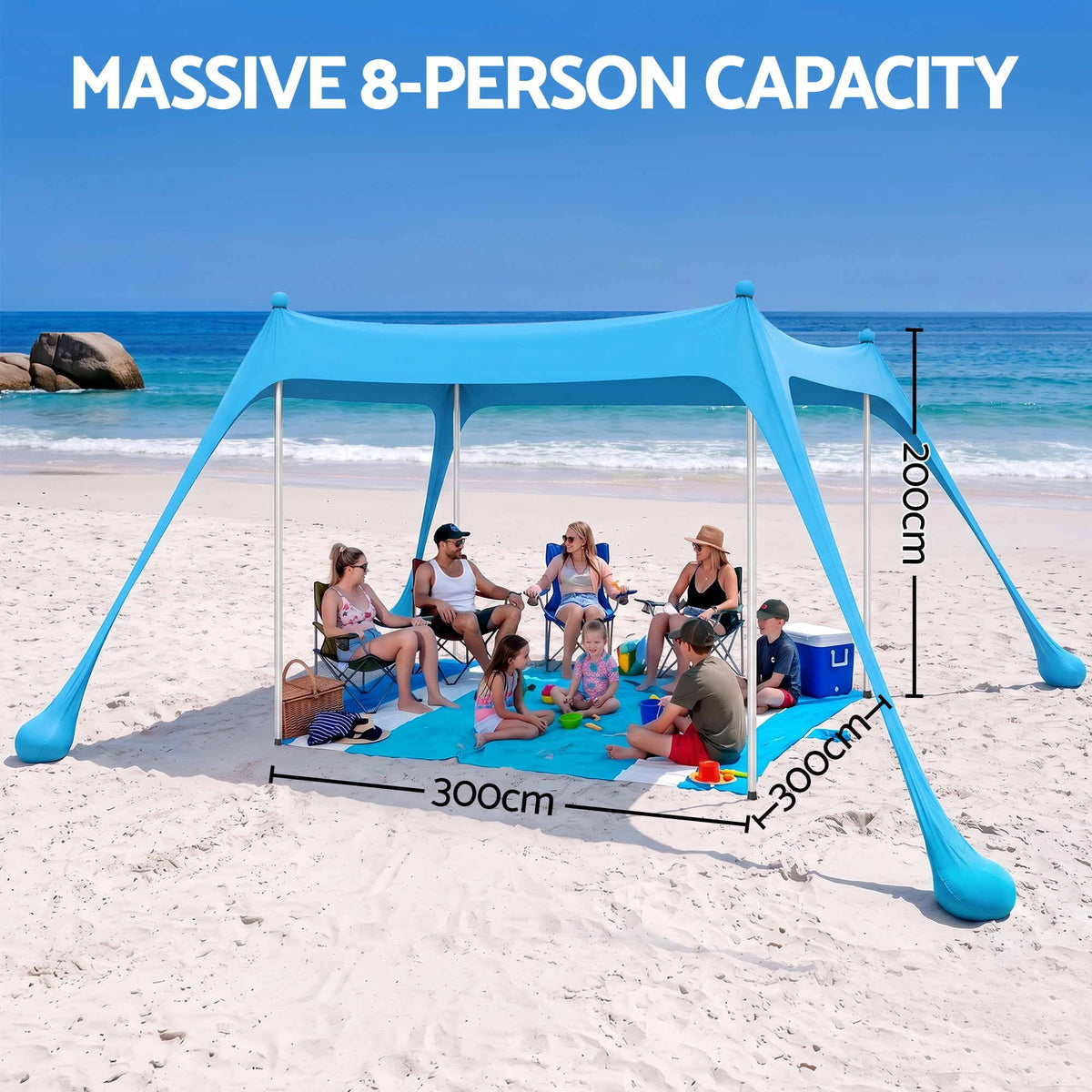 Beach Tent Sun Shelter UPF 50+ Shade 3x3m for 8 Person Outdoor
