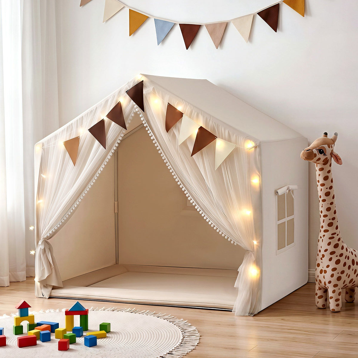 Kids Play Tent with Star Lights Windows Flag 144cmx95cm Playhouse