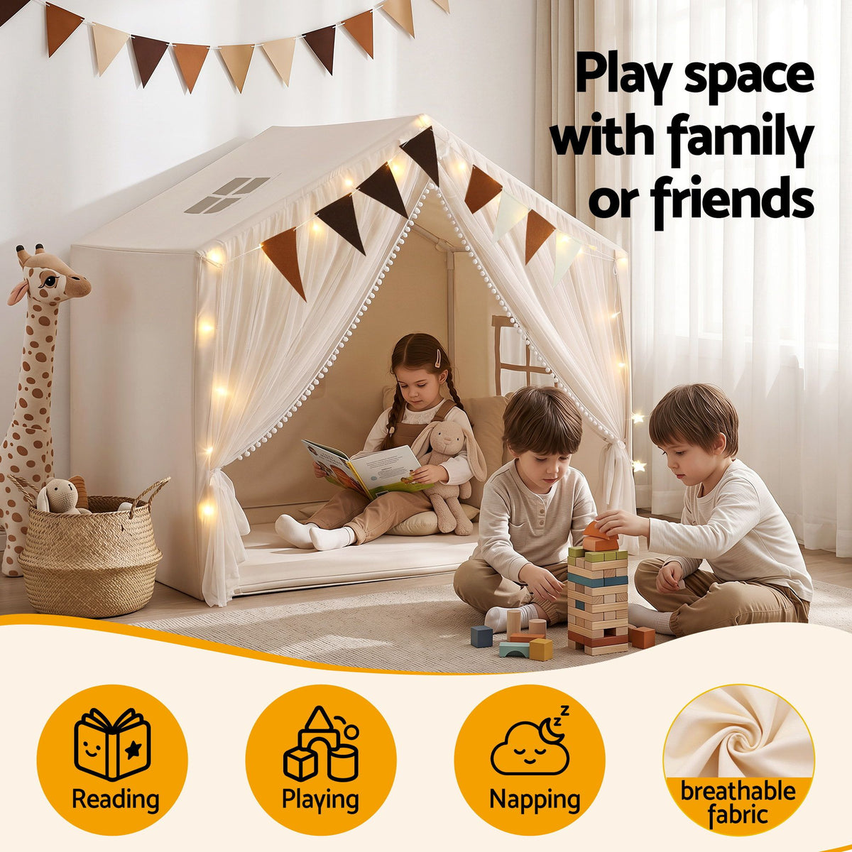 Kids Play Tent with Star Lights Windows Flag 144cmx95cm Playhouse