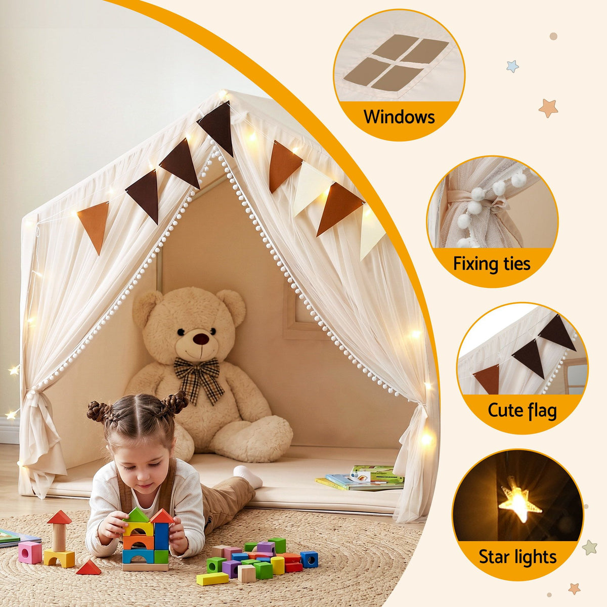 Kids Play Tent with Star Lights Windows Flag 144cmx95cm Playhouse