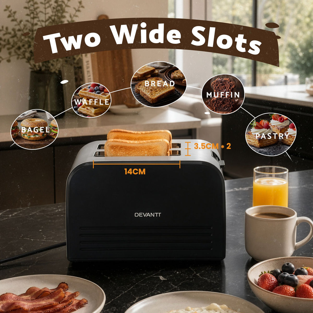 2-Slice Toaster, LED Display 3.5cm Wide Slots 6 Browning Levels