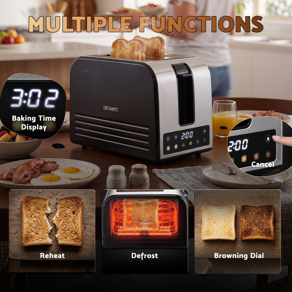 2-Slice Toaster, LED Display 3.5cm Wide Slots 6 Browning Levels